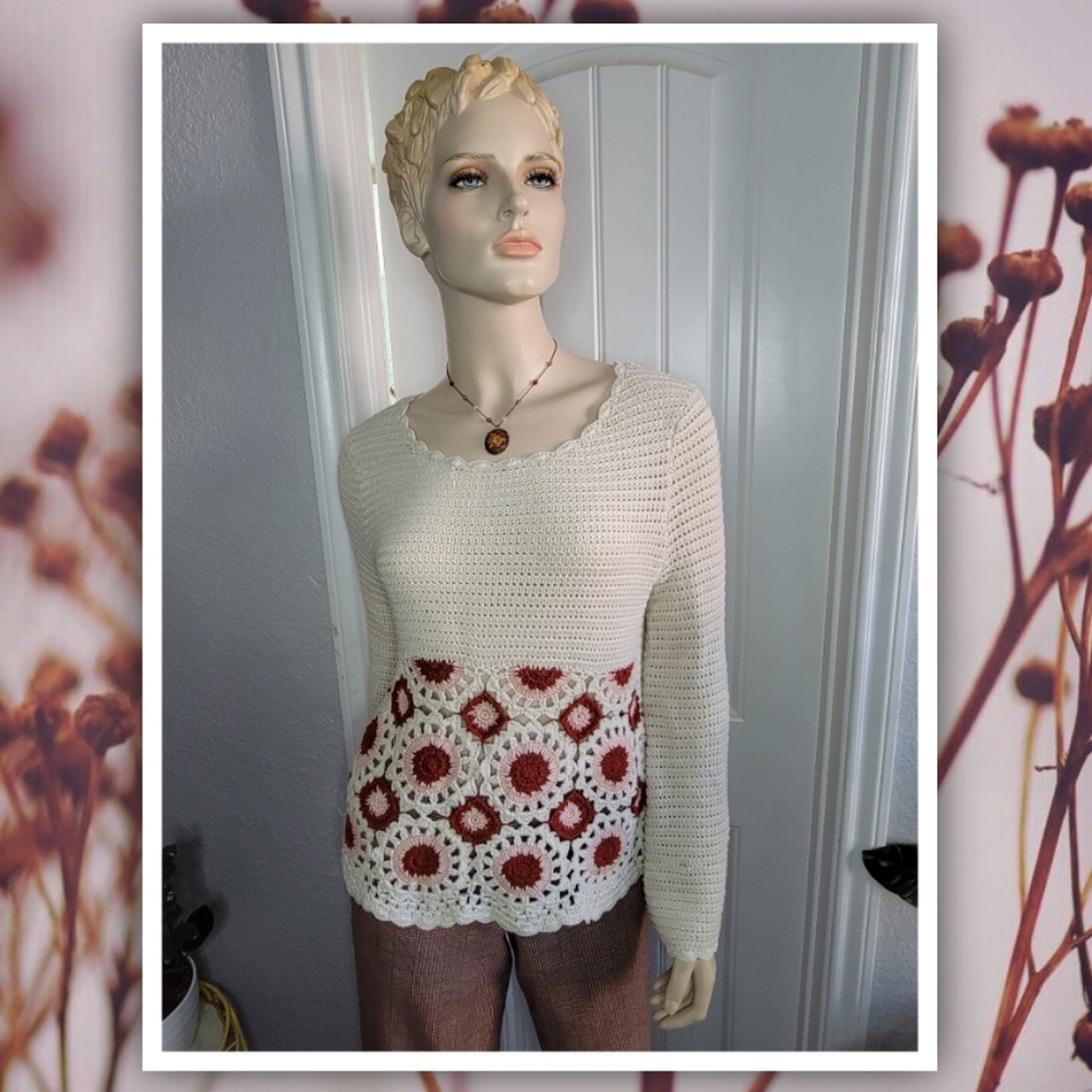 Francesca's Alya moonflower crochet pattern flare sleeve ivory sweater M…
